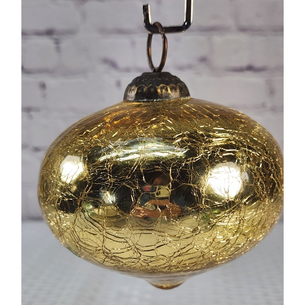Vintage Heavy Gold Crackle Glass Kugel Style Christmas Ornament 4" Onion Melon